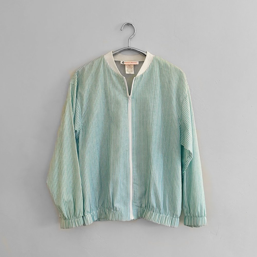 Women's Vintage Adrienne Gilmartin Light Blue Striped Bomber Jacket